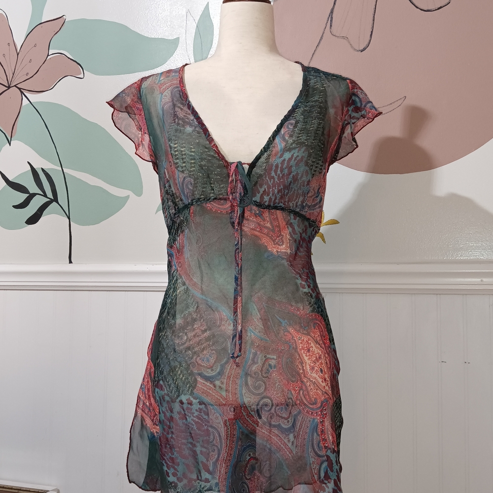 Vintage Prada Sheer Paisley Flutter-Sleeve Mini Dress/Top - Picture 3 of 6